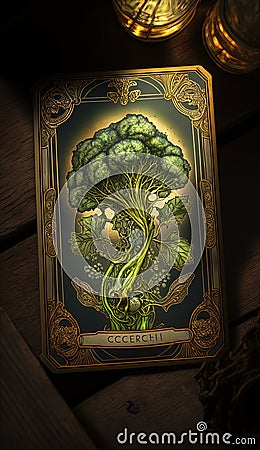 Vitality's Tapestry: An AI Crafted Tarot Card Weaving the Broccoli's Story Cartoon Illustration