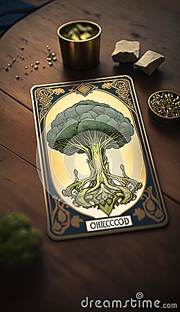 Vitality's Tapestry: An AI Crafted Tarot Card Weaving the Broccoli's Story Cartoon Illustration