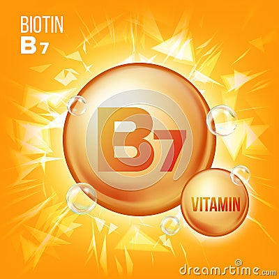 Vitamin B7 Biotin Vector. Vitamin Gold Oil Pill Icon. Organic Vitamin Gold Pill Icon. Medicine Capsule, Golden Substance Vector Illustration