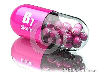 Vitamin B7 capsule. Pill with biotin. Dietary supplements. Cartoon Illustration