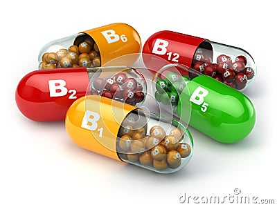 Vitamin B. Capsules B1 B2 B6 B12 on white background. Stock Photo