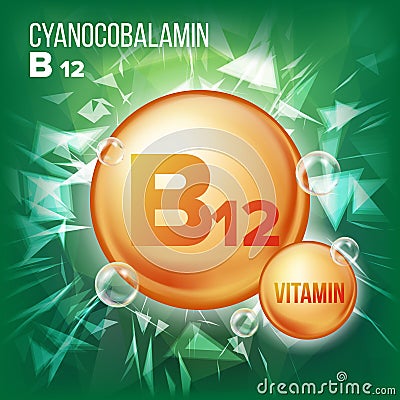 Vitamin B12 Cyanocobalamin Vector. Vitamin Gold Oil Pill Icon. Organic Vitamin Gold Pill Icon. For Beauty, Cosmetic Vector Illustration