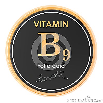 Vitamin B9, folic acid. Circle icon, chemical formula, molecular structure. 3D rendering Stock Photo