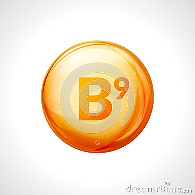 Vitamin B9 gold icon. Folic acid treatment skin care. Healthy pill natural medicine vitamin nutrition Vector Illustration