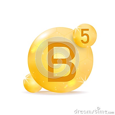 Vitamin B5 golden icon. Drop vitamin pill capsule. Vector Illustration