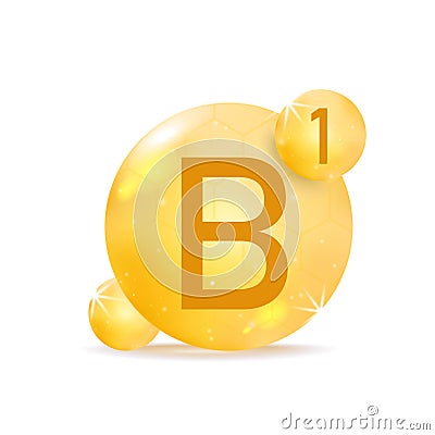 Vitamin B1 golden icon. Drop vitamin pill capsule. Vector Illustration