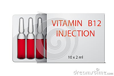 Vitamin B12 injection ampoules in package, isolated on white Vector Illustration