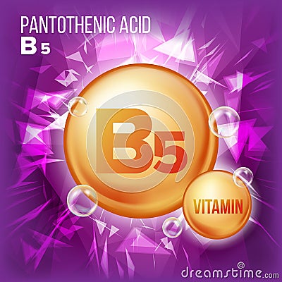 Vitamin B5 Pantothenic Acid Vector. Vitamin Gold Oil Pill Icon. Organic Vitamin Gold Pill Icon. Capsule, Golden Vector Illustration