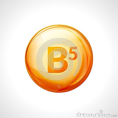 Vitamin b5 pill icon. Pantothenic acid nutrition care. Gold drop essence. Isolated golden vector symbol of b5 vitamin Vector Illustration