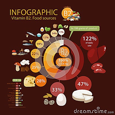 Vitamin B2 riboflavin. A pie chart of food with the highest content of a microelement Vector Illustration