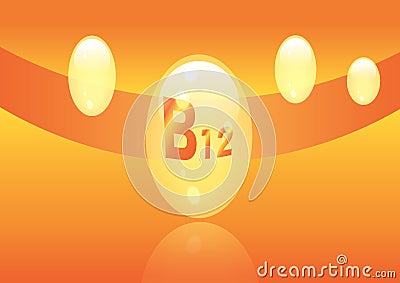 Vitamin B12 shining pill capcule icon . Vitamin complex with Chemical formula, group B, Cyanocobalamin, hydroxocobalamin. Vector i Vector Illustration