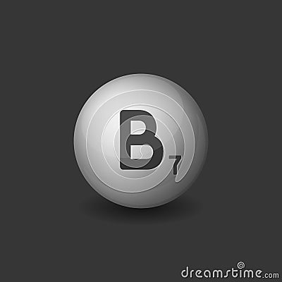 Vitamin B7 Silver Glossy Sphere Icon on Dark Background. Vector Vector Illustration