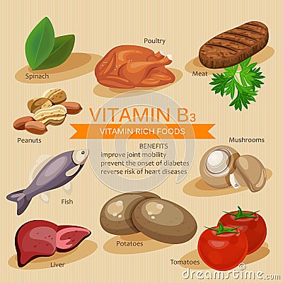 Vitamin B3. Vitamins and minerals foods. Vector flat icons graphic design. Banner header illustration. Vector Illustration