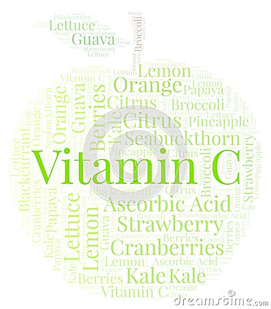 Vitamin C in apple fruit shape word cloud. Stock Photo