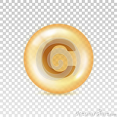 Vitamin C icon. Yellow orb pill isolated on transparent background. Big shape glass circle. Realistic oil 3d bubble. Round sphere Cartoon Illustration