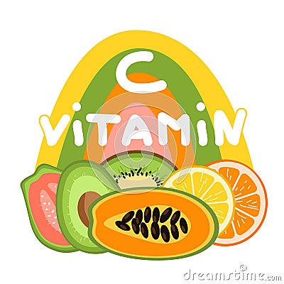 Vitamin C source concept. Fruits containing ascorbic acid with a letter on color rainbow background. Orange, lemon, kiwi, kakadu Vector Illustration