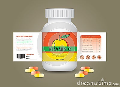 Vitamin C supplement bottle Packaging, Cosmetic package. product design. Beauty label, 3d supplement bottle, 3d white plastic Pill Vector Illustration