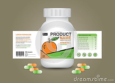 Vitamin C supplement bottle Packaging, Cosmetic package. product design. Beauty label, 3d supplement bottle, 3d white plastic Pill Vector Illustration
