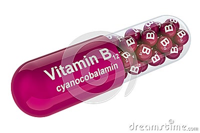 Vitamin capsule B12, cyanocobalamin. 3D rendering Stock Photo