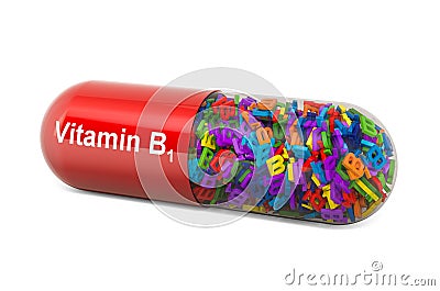 Vitamin capsule B1, thiamine. 3D rendering Stock Photo