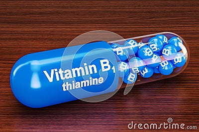 Vitamin capsule B1 on the wooden table. 3D rendering Stock Photo