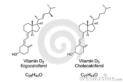 Vitamin D2 and Vitamin D3, chemical structure and skeletal formula Vector Illustration