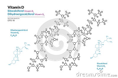 Vitamin D4, D5. Dihydroergocalciferol and Sitocalciferol. Structural Chemical Formula and Line Model of Molecule. Vector Vector Illustration