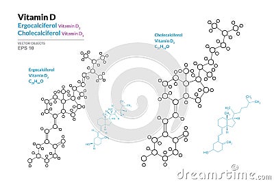 Vitamin D2, D3. Ergocalciferol and Cholecalciferol. Structural Chemical Formula and Line Model of Molecule. Vector Vector Illustration