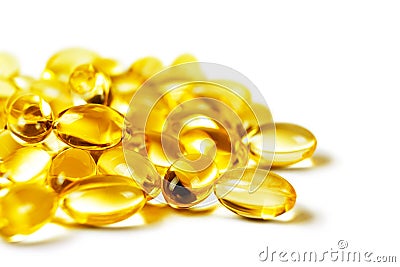 Vitamin D3, omega 3 fish oil supplement softgel capsules isolated on white background Stock Photo