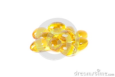 Vitamin D. Omega 3. Yellow pills slide isolated on white background. Vitamins are antibiotics. Cure for diseases. Stock Photo