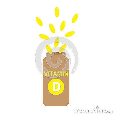 Vitamin D pill capsule in plastic bottle. Yellow color. Healthy lifestyle diet concept. Fish oil supplements icon. Flat design. Vector Illustration
