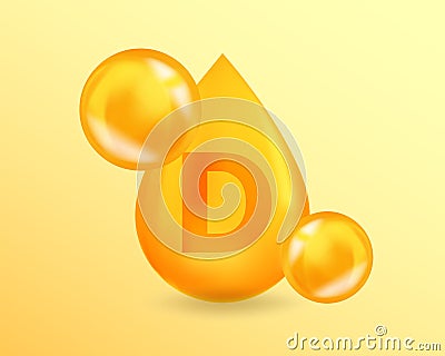 Vitamin D. Realistic D Vitamin drop design. 3D Vitamin complex illustration concept. Vector Illustration