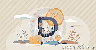 Vitamin D sources with food supplements and sun light tiny person concept Vector Illustration