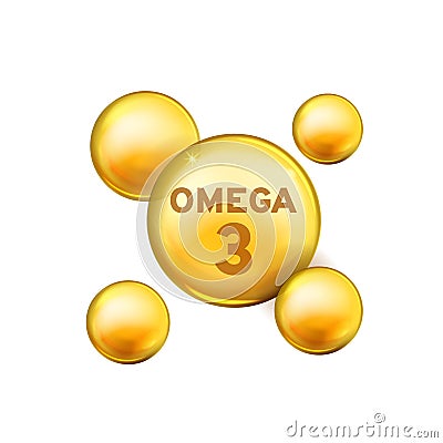 Vitamin drop. Omega 3 fish oil capsule, gold essence organic nutrition element. 3d yellow bubbles with text. Pharmacy Vector Illustration