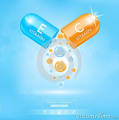 Vitamin E blue and Vitamin C orange with capsule solution serum. Natural cosmetics lotion for face or body. Vector Illustration