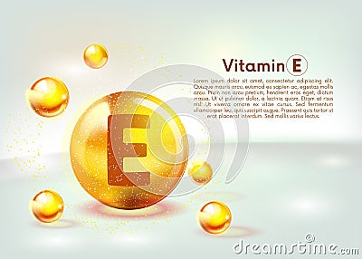 Vitamin E gold shining icon. Ascorbic acid. Shining golden substance drop. Nutrition skin care. Vector Cartoon Illustration