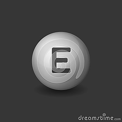 Vitamin E Silver Glossy Sphere Icon on Dark Background. Vector Vector Illustration
