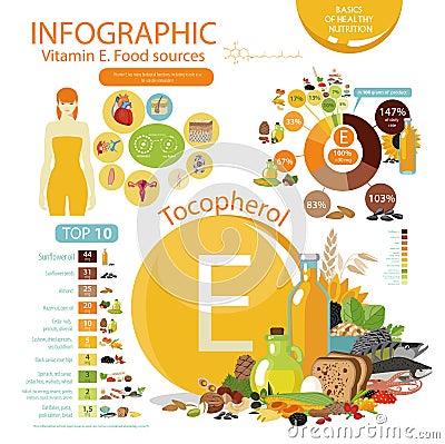 Vitamin E or Tocopherol. Food sources. Vector Illustration