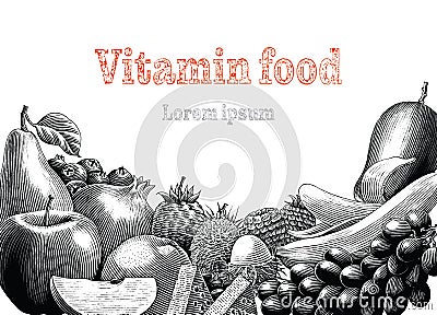 Vitamin food hand drawing engraving style clip art Vector Illustration