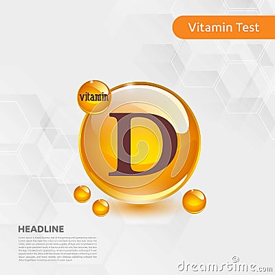 Vitamin D gold shining pill capcule icon, cholecalciferol. golden Vitamin complex with Chemical formula substance drop. Medical f Vector Illustration