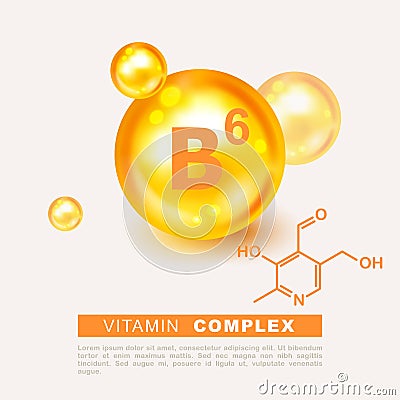 Vitamin gold shining pill capsule icon. Nutrition sign vector concept. The power of vitamin B6. Chemical formula. Pyridoxine Vector Illustration