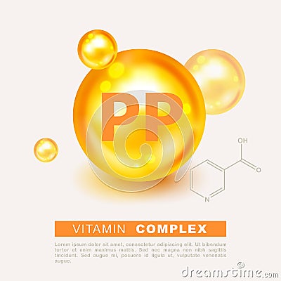 Vitamin gold shining pill capsule icon. Vitamin PP. Vitamin complex with Chemical formula, Vitamin PP, NiacinVitamin B3. Shining Vector Illustration