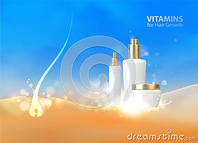 Vitamin for hair growth. Label for baldness protection cream. Vector Illustration