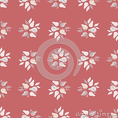 Vitamin healthy snack seamless pattern with doodle pear and botanic leaf print. Pink background Vector Illustration