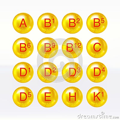 Vitamin icon collection with golden balls. Vector Illustration