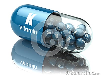 Vitamin K capsule or pill. Dietary supplements. Cartoon Illustration