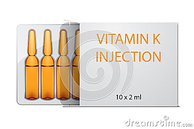 Vitamin K injection ampoules in package, isolated on white Vector Illustration