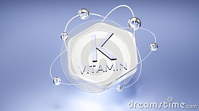 vitamin k symbol on a hexagon with orbits, floating atoms and electrons, 3d image Stock Photo