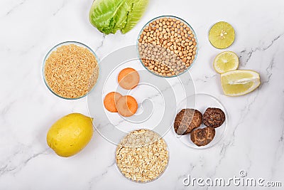 Vitamin nutrition, Natural supplement from organic fresh fruit, wholegrain cereals and vegetable, Healthy beauty Stock Photo