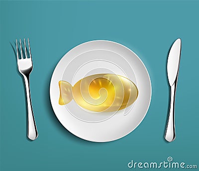 Vitamin Omega 3 pill on a plate. Fish oil Vector Illustration